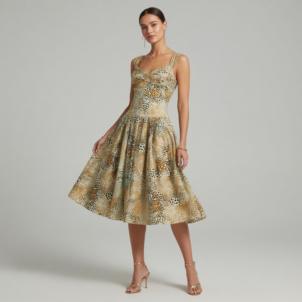 Rickie Freeman Teri Jon Mint Leopard Sweetheart Sleeveless Cocktail Midi Dress 8